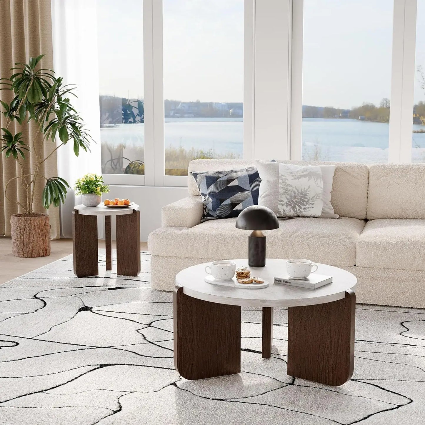 Modern Round Coffee Table And Side Table Set Faux Marble