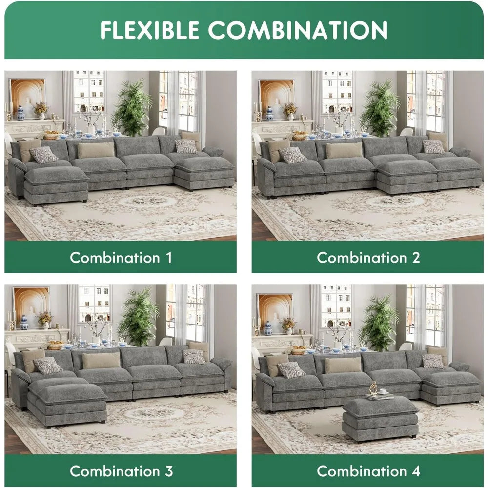 U Shaped Sectional Sofa In Chenille With Removable Ottoman Sleeper