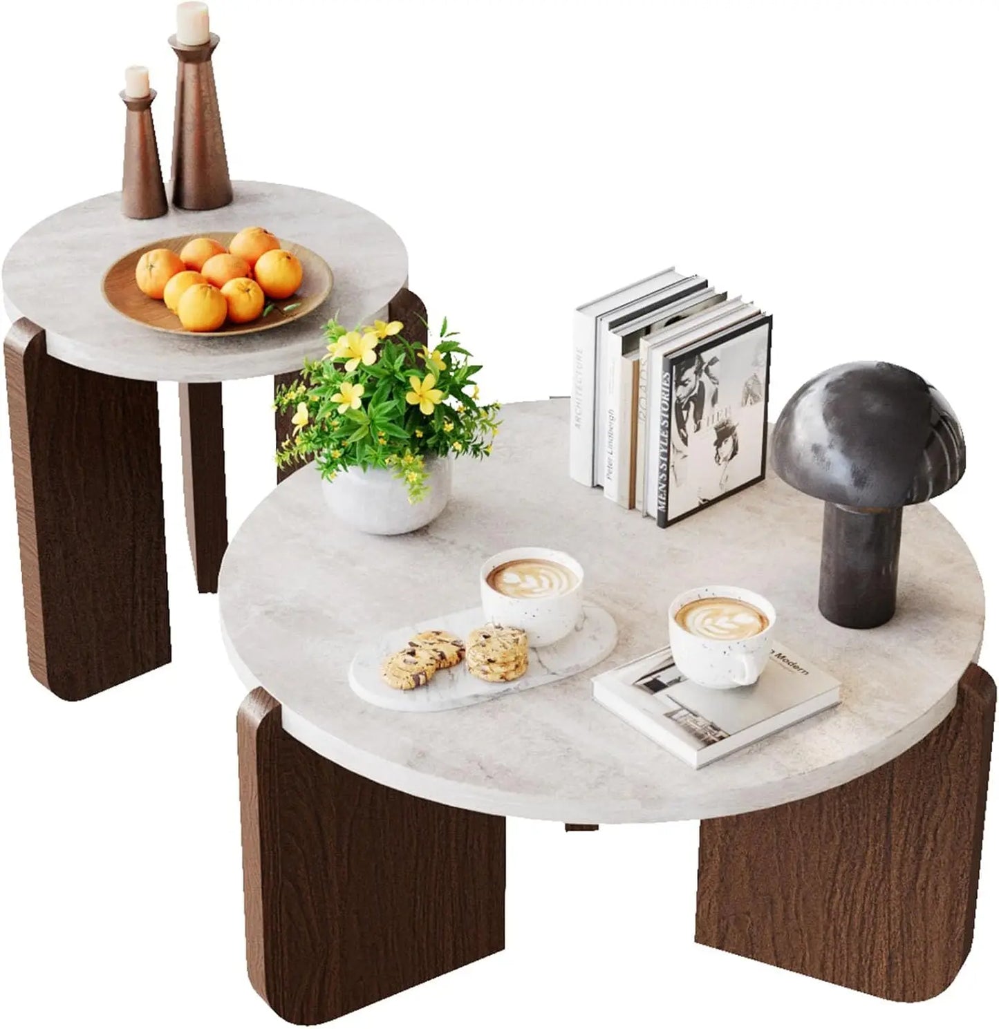 Modern Round Coffee Table And Side Table Set Faux Marble