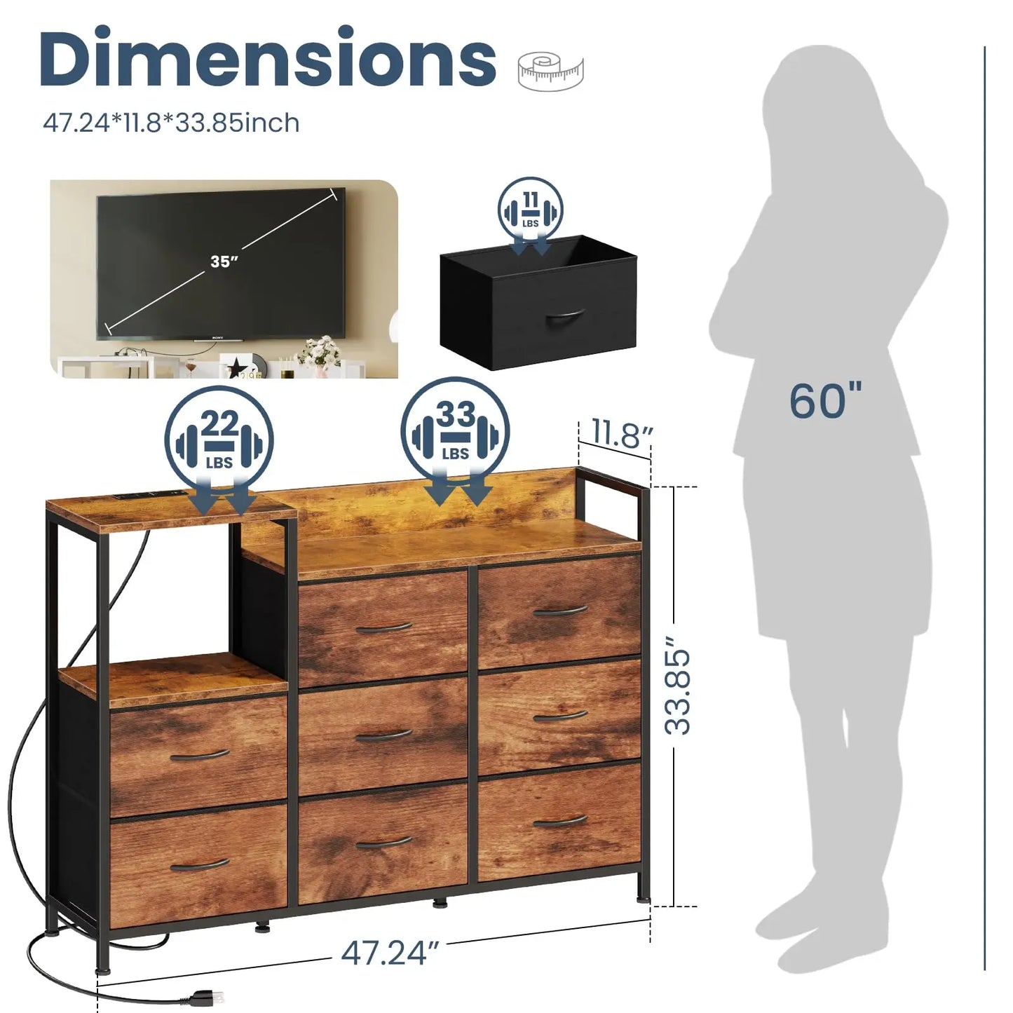 JHK Cabinet With 8 Fabric Drawers TV Stand Charging Station