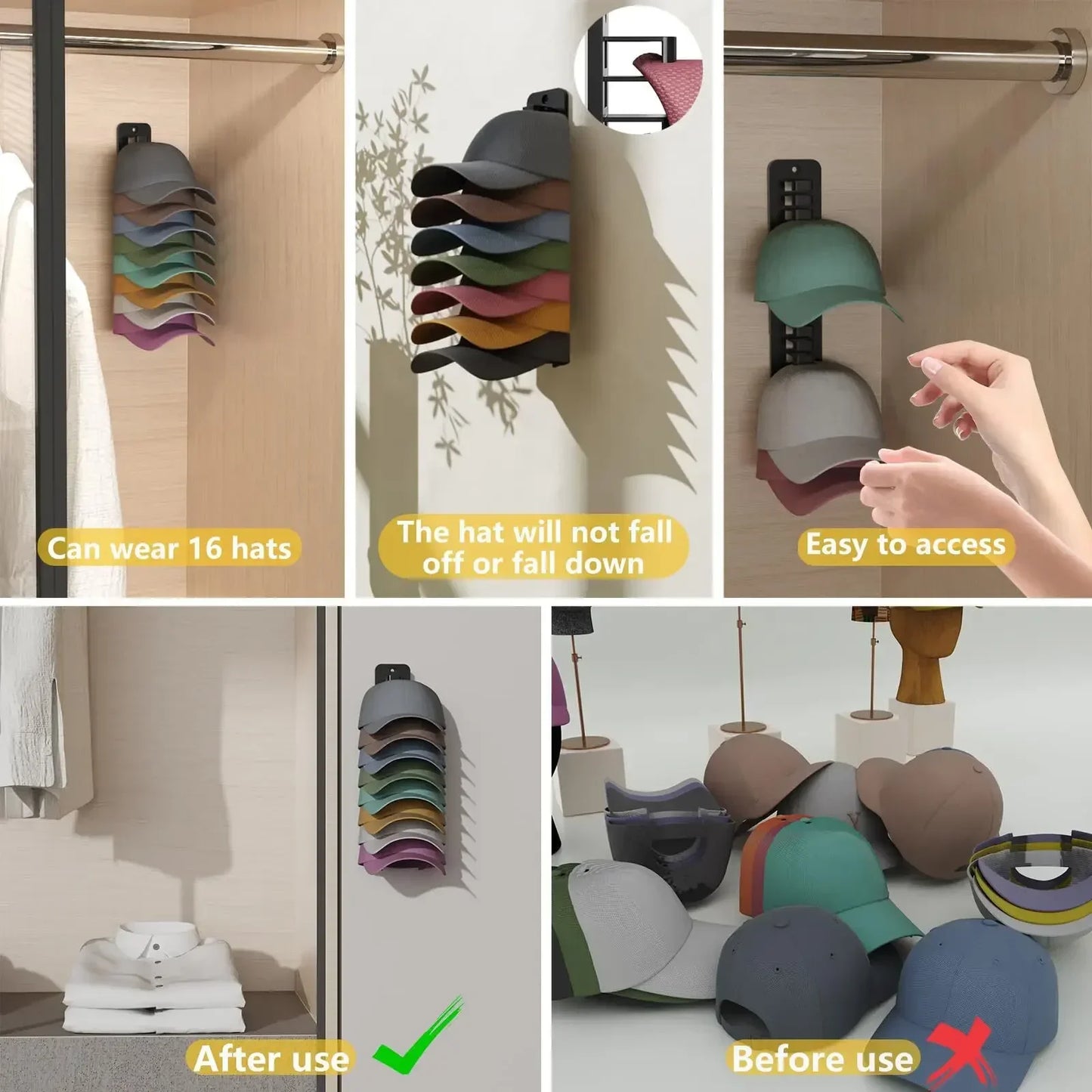 Wall Mount Hat Rack Organizer Holds 16 Baseball Caps