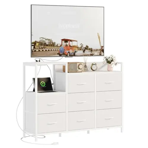JHK Cabinet With 8 Fabric Drawers TV Stand Charging Station