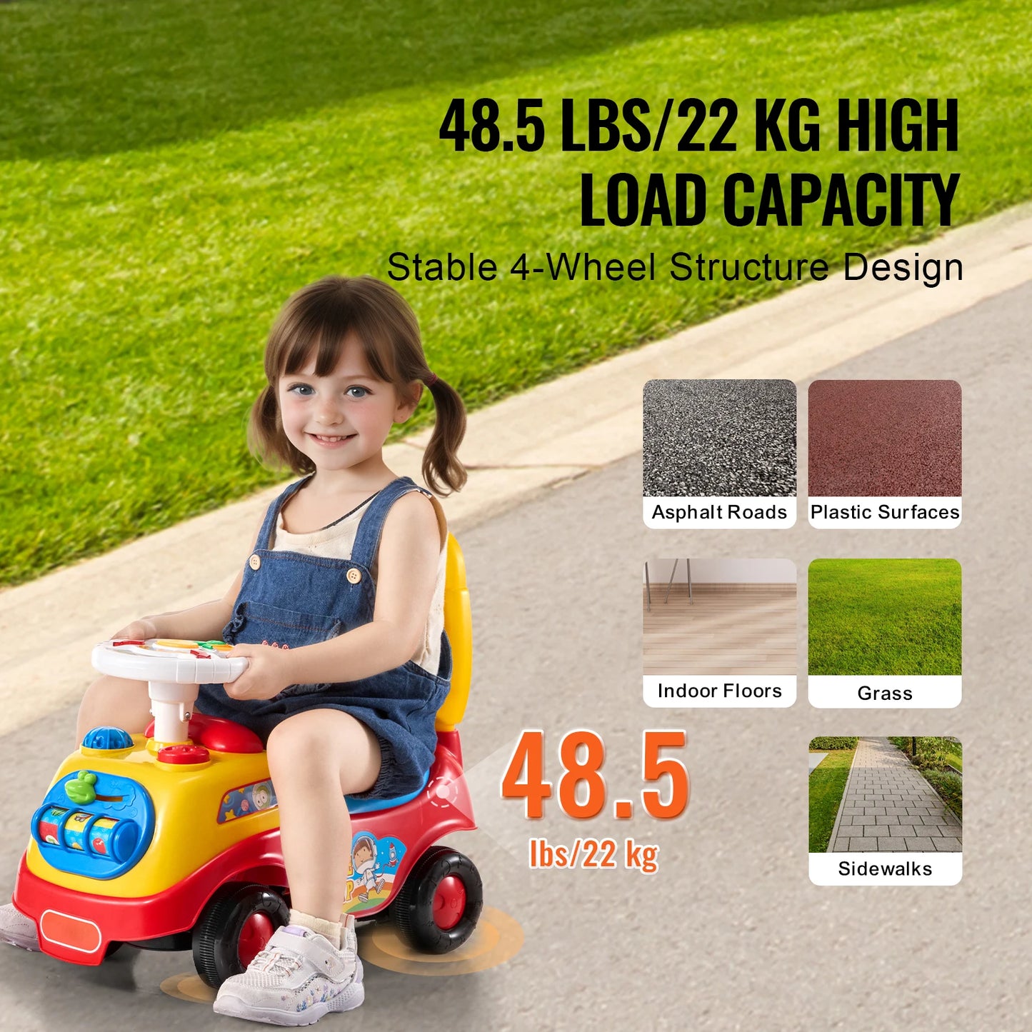 SucceBuy Toddler Ride On Push Car With Music Steering Wheel Seat Storage