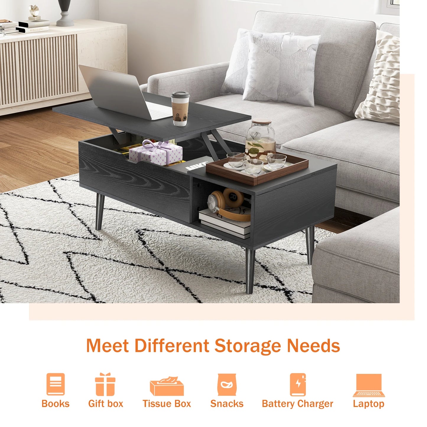 JHK Lift Top Coffee Table With Storage Shelf And Adjustable