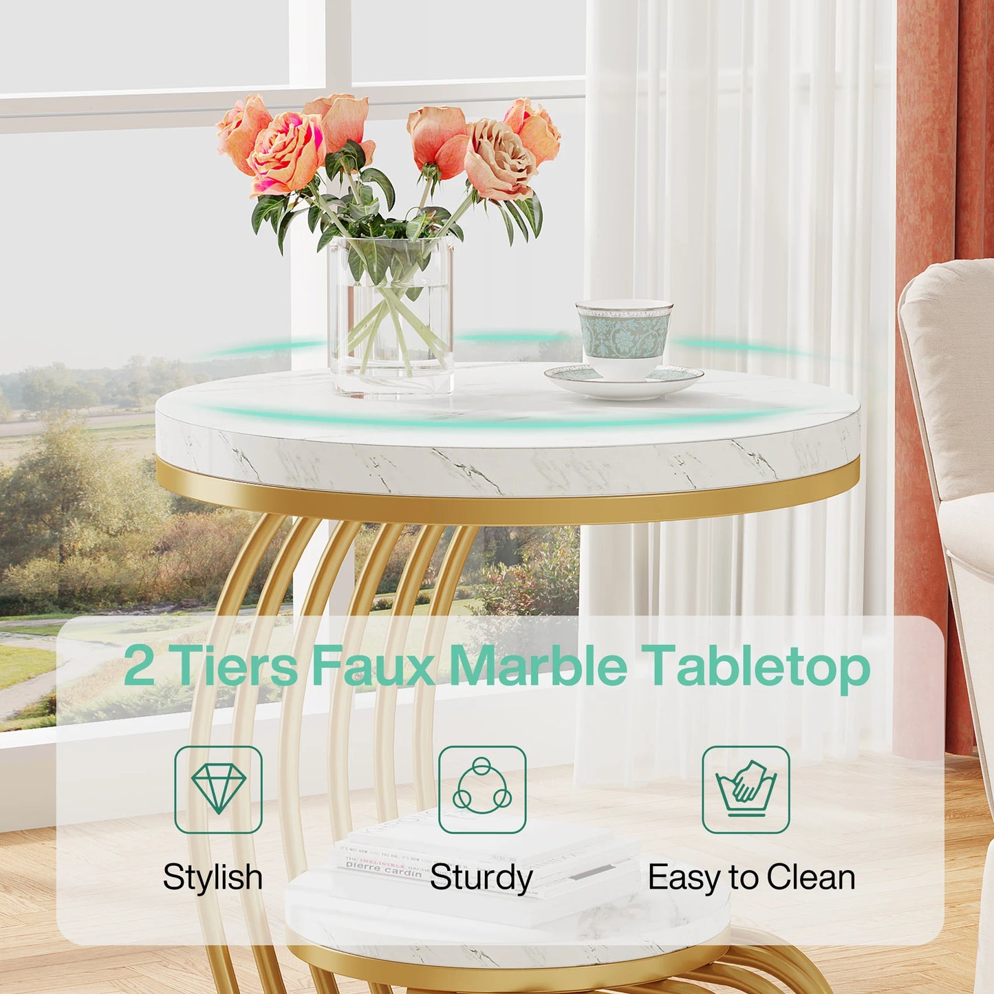 Tribesigns Round End Table With Faux Marble Two Tiers Storage