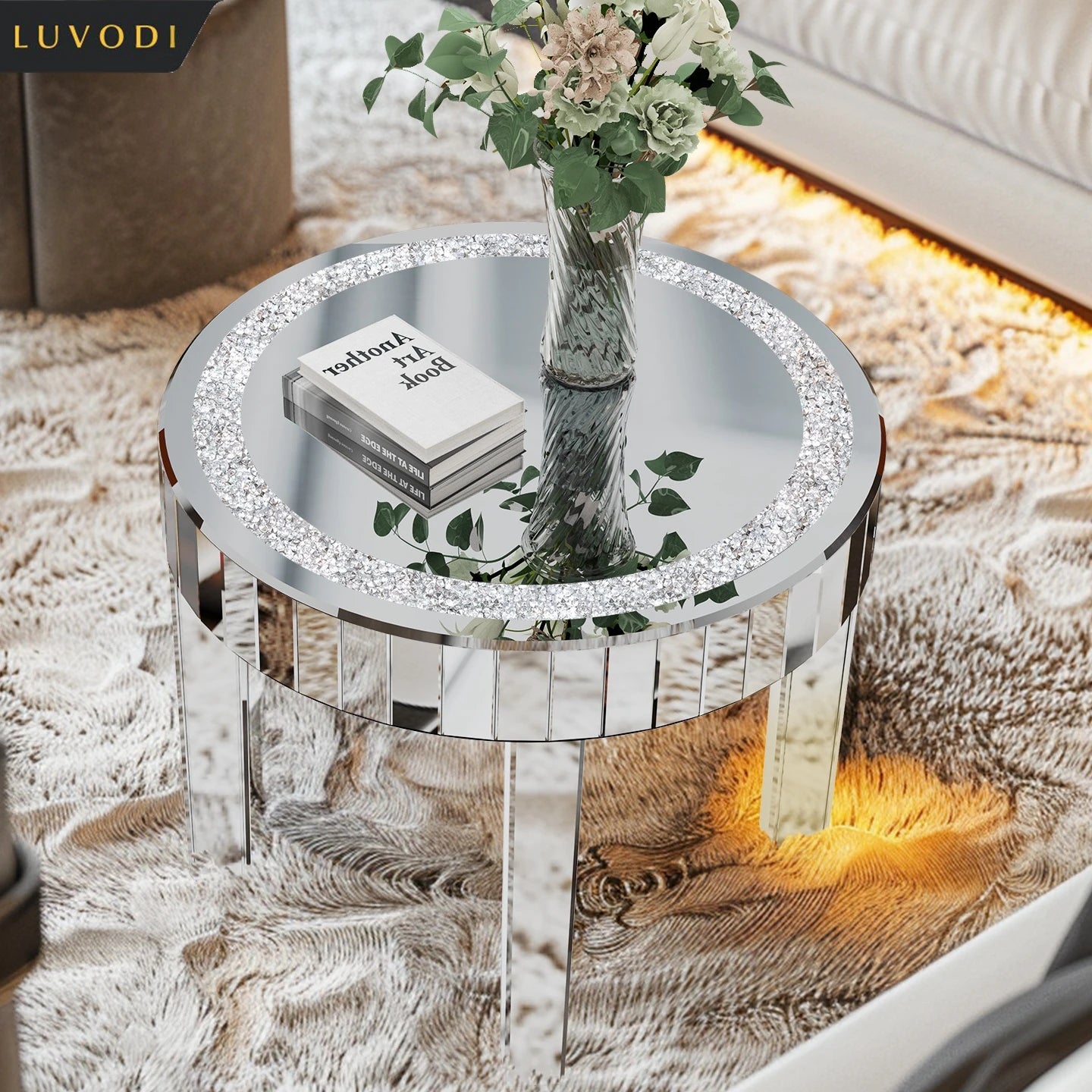 LUVODI Luxury Round Mirrored Bedside Table Diamond Inlay