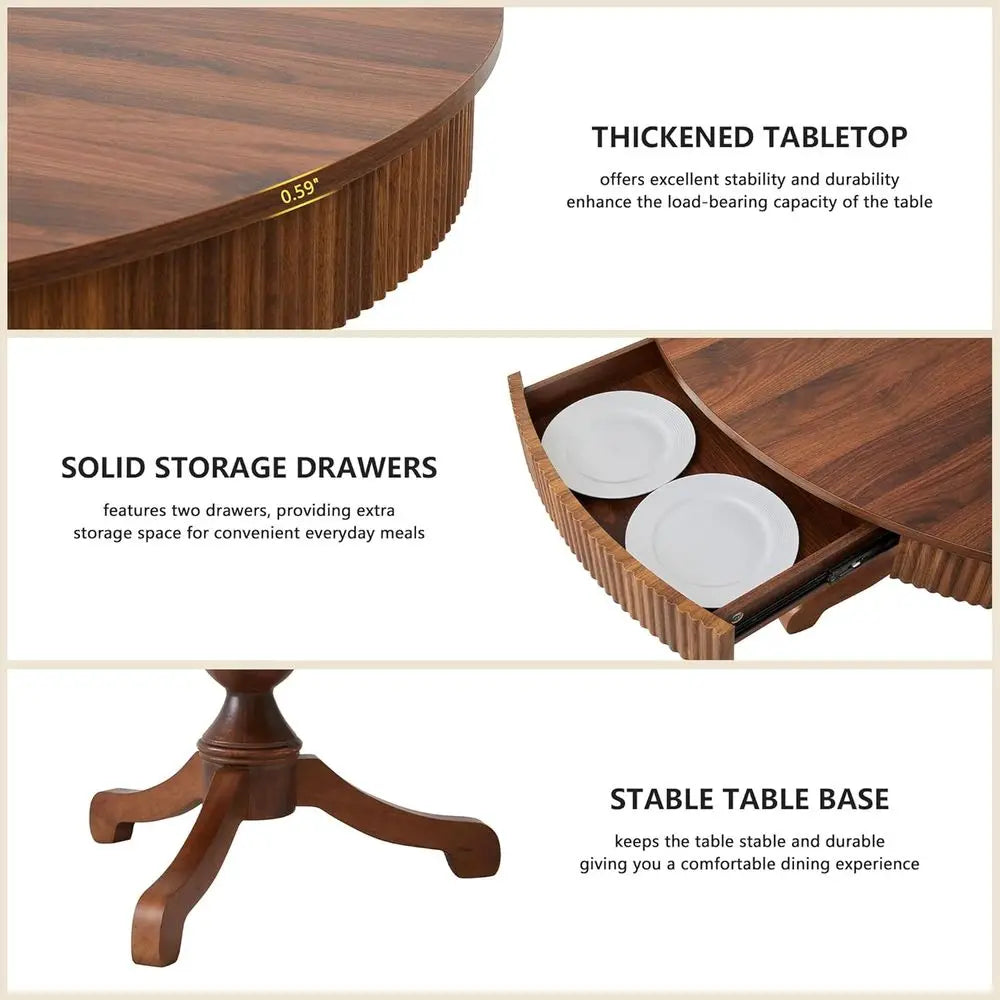 Walnut Round Dining Table With Pedestal Base And Storage Drawers