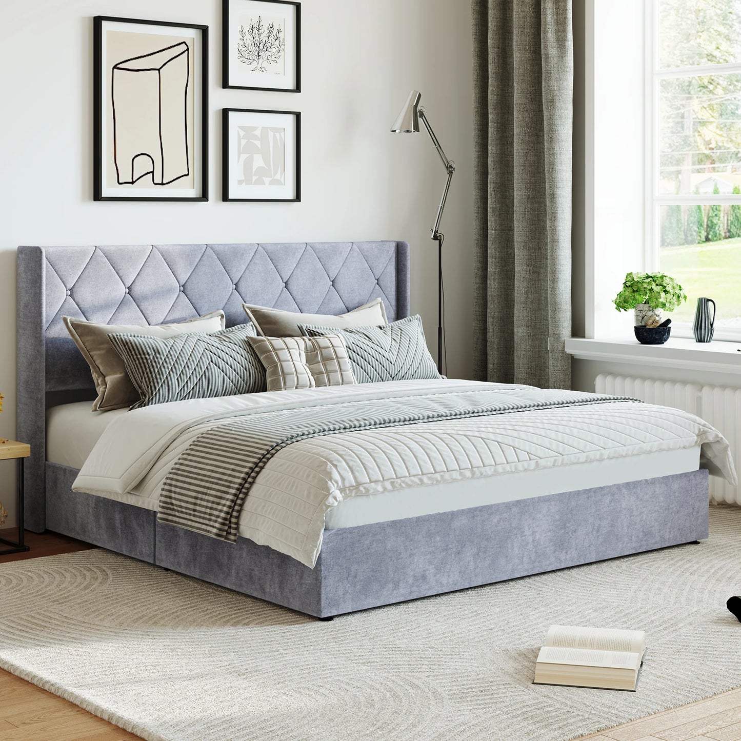 JHK Modern Wingback Platform Bed With Hydraulic Lift Storage