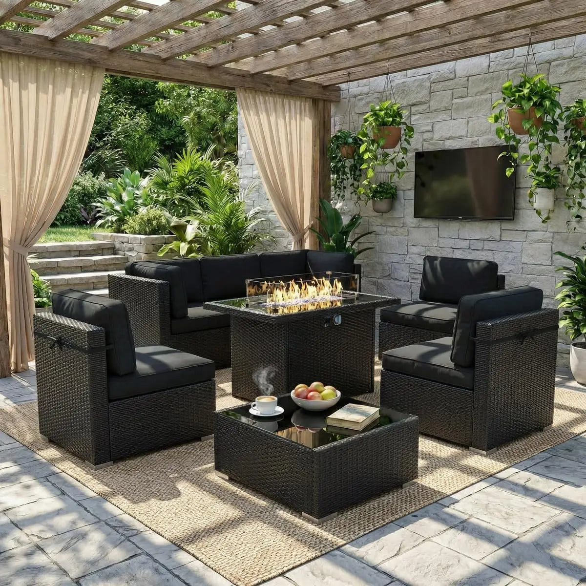 Outdoor Patio Furniture Set With Fire Pit Table In Wicker Rattan