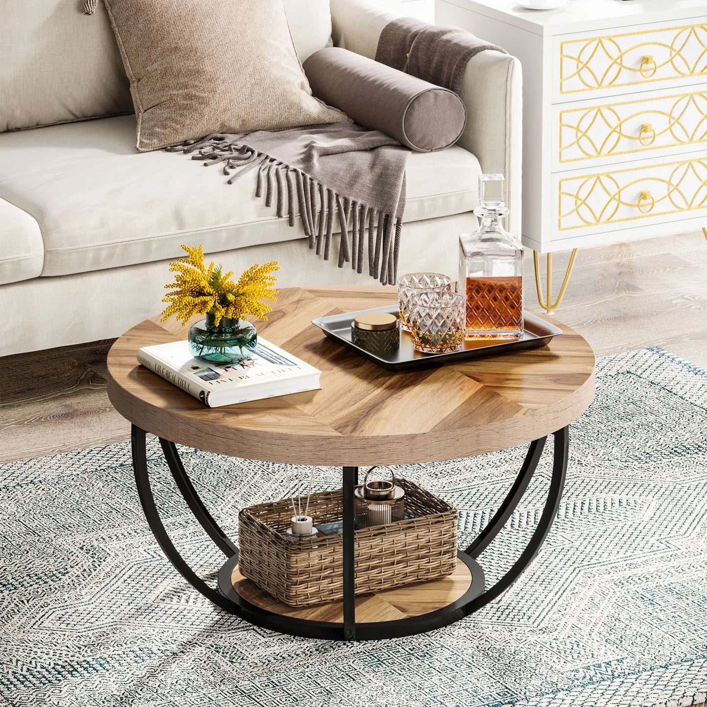 Tribesigns Round Coffee Table With Two Tier Storage Shelves
