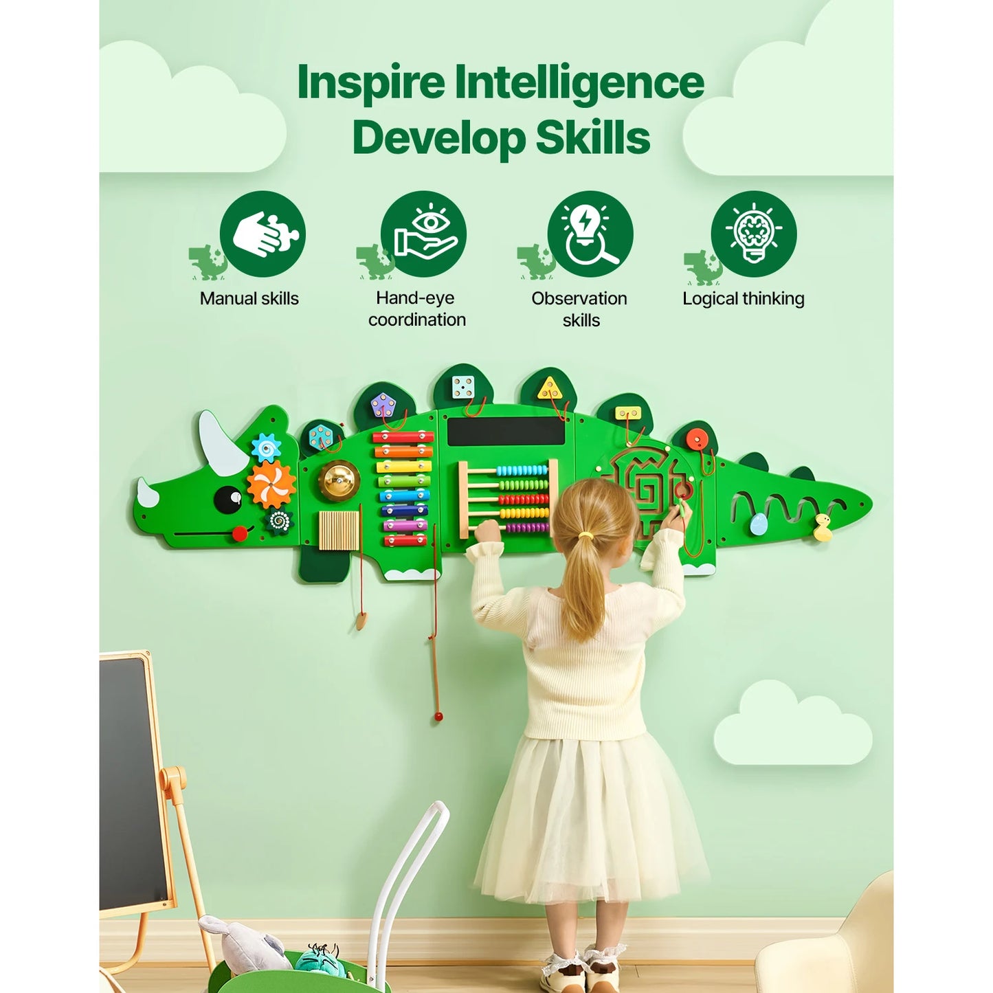 SucceBuy Dinosaur Kids Busy Wall Board With 11 Activity Panels