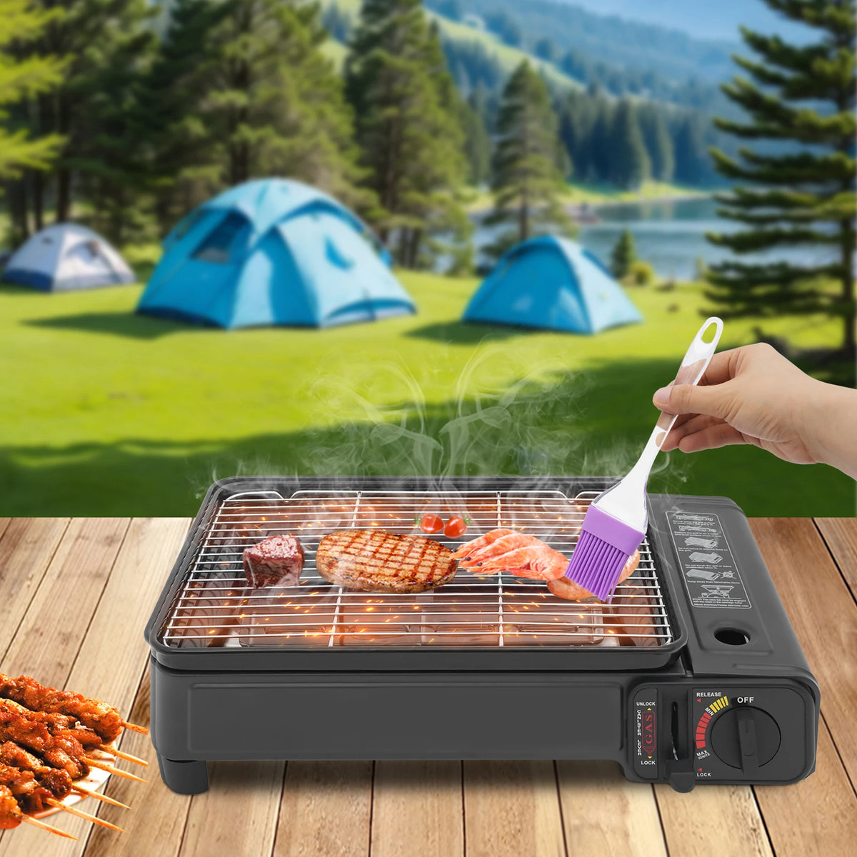 Portable Butane Gas Camping Grill Stove With Piezoelectric Ignition