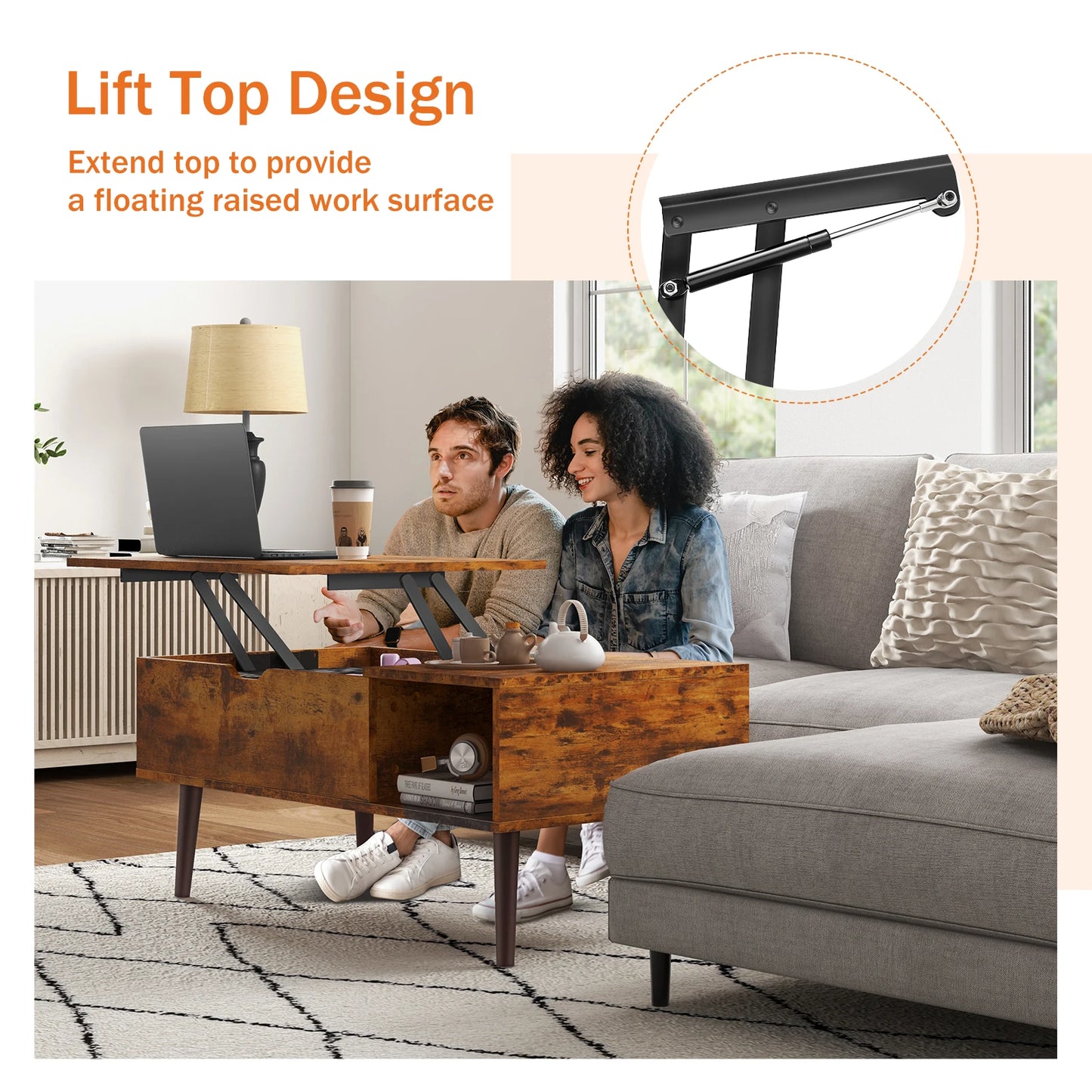 JHK Lift Top Coffee Table With Storage Shelf And Adjustable