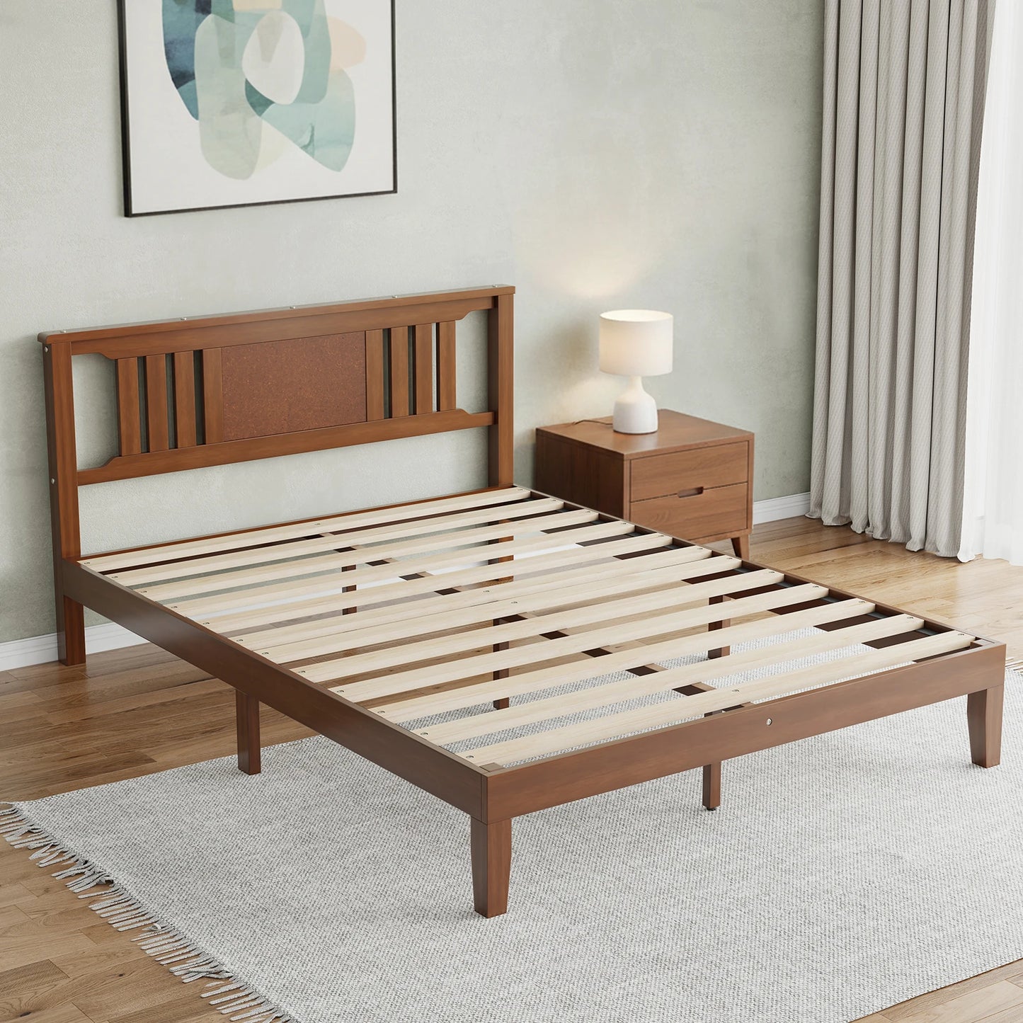 MCQ Solid Wood Platform Bed Frame With Headboard Support