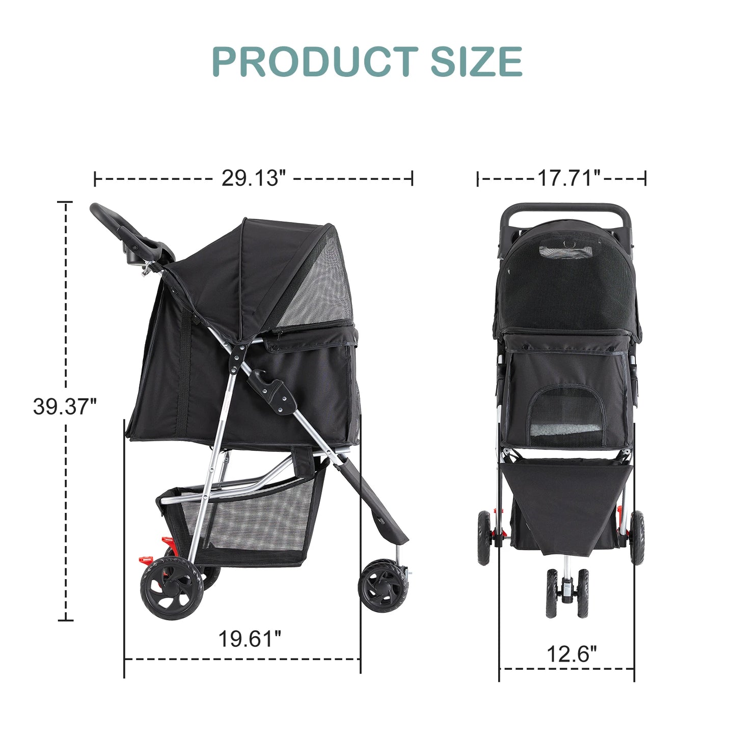 3 Wheel Foldable Pet Stroller With Mesh Windows And Cup Holder