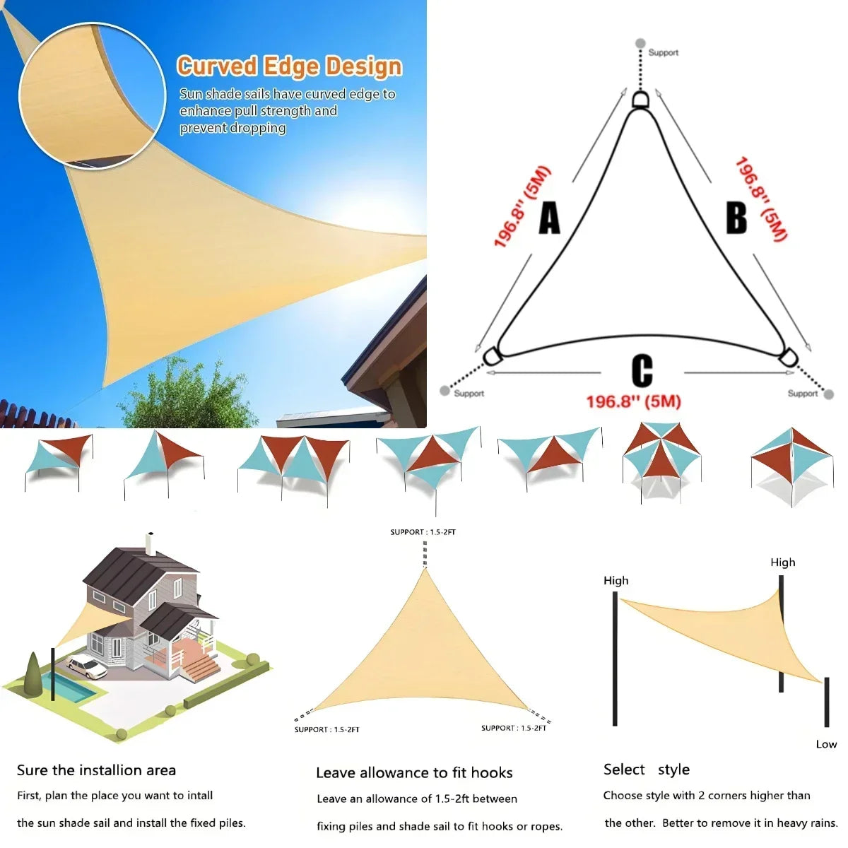 Triangle Sun Shade Sail Canopy UV Block For Outdoor Patio