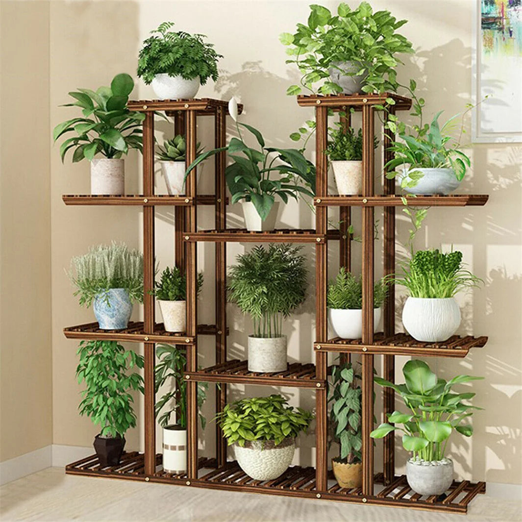 11 Tier Carbonized Wood Plant Stand For Indoor Outdoor Display