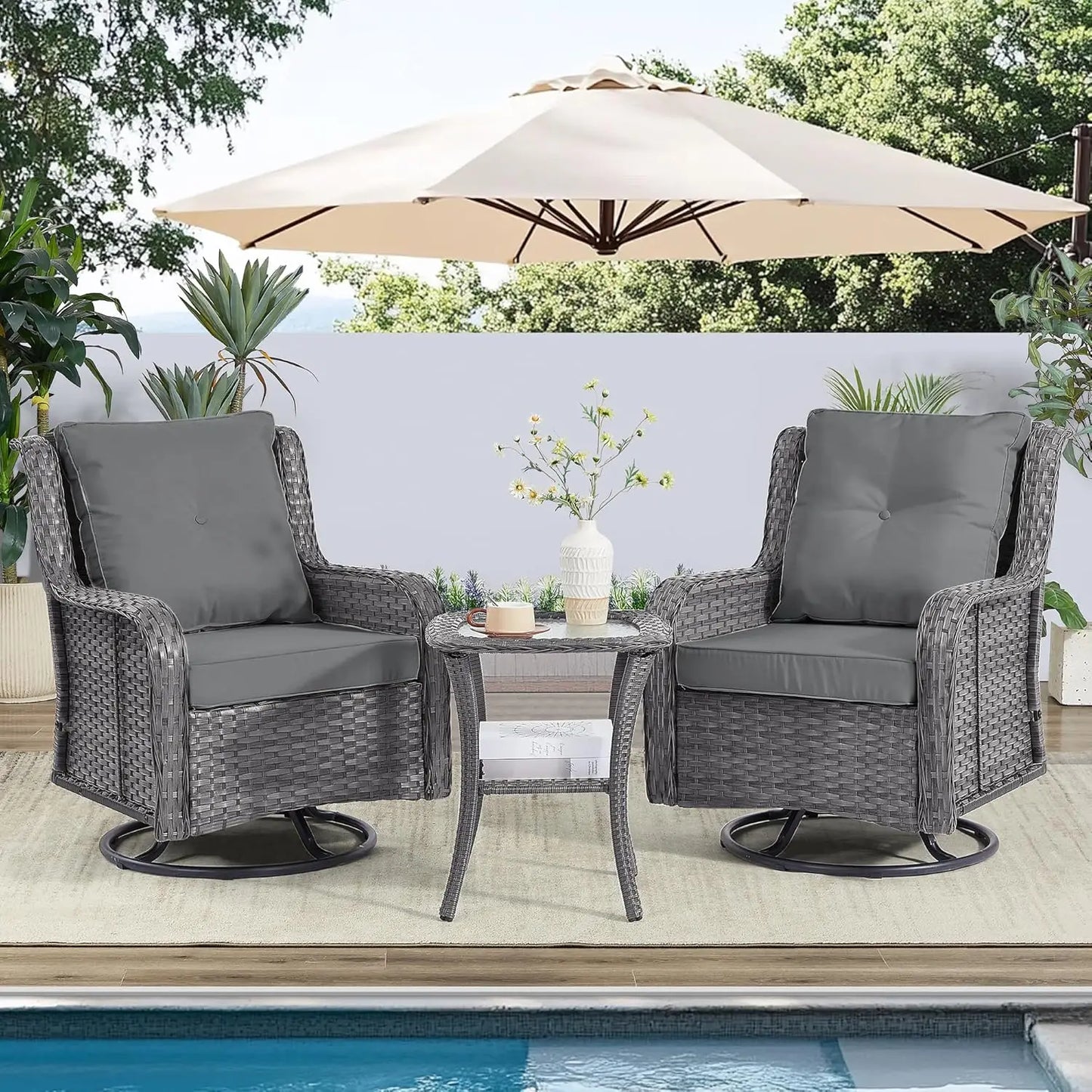 Wicker Patio Furniture Set With Swivel Rocking Chairs And Table