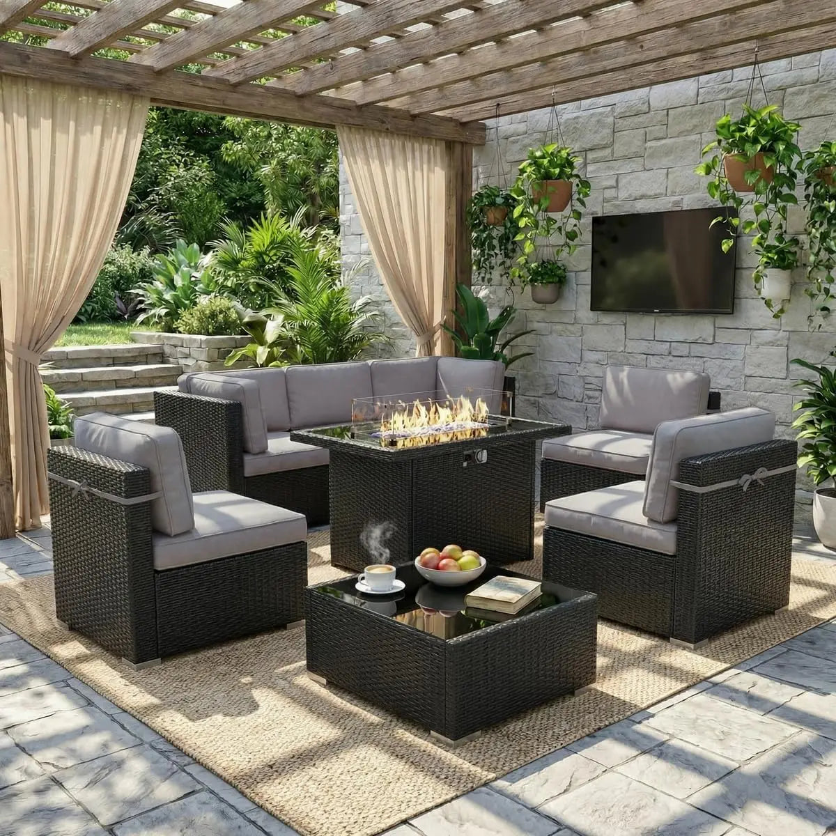 Outdoor Patio Furniture Set With Fire Pit Table In Wicker Rattan