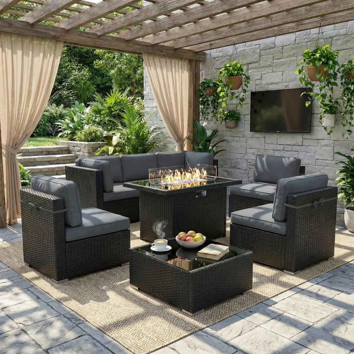 Outdoor Patio Furniture Set With Fire Pit Table In Wicker Rattan