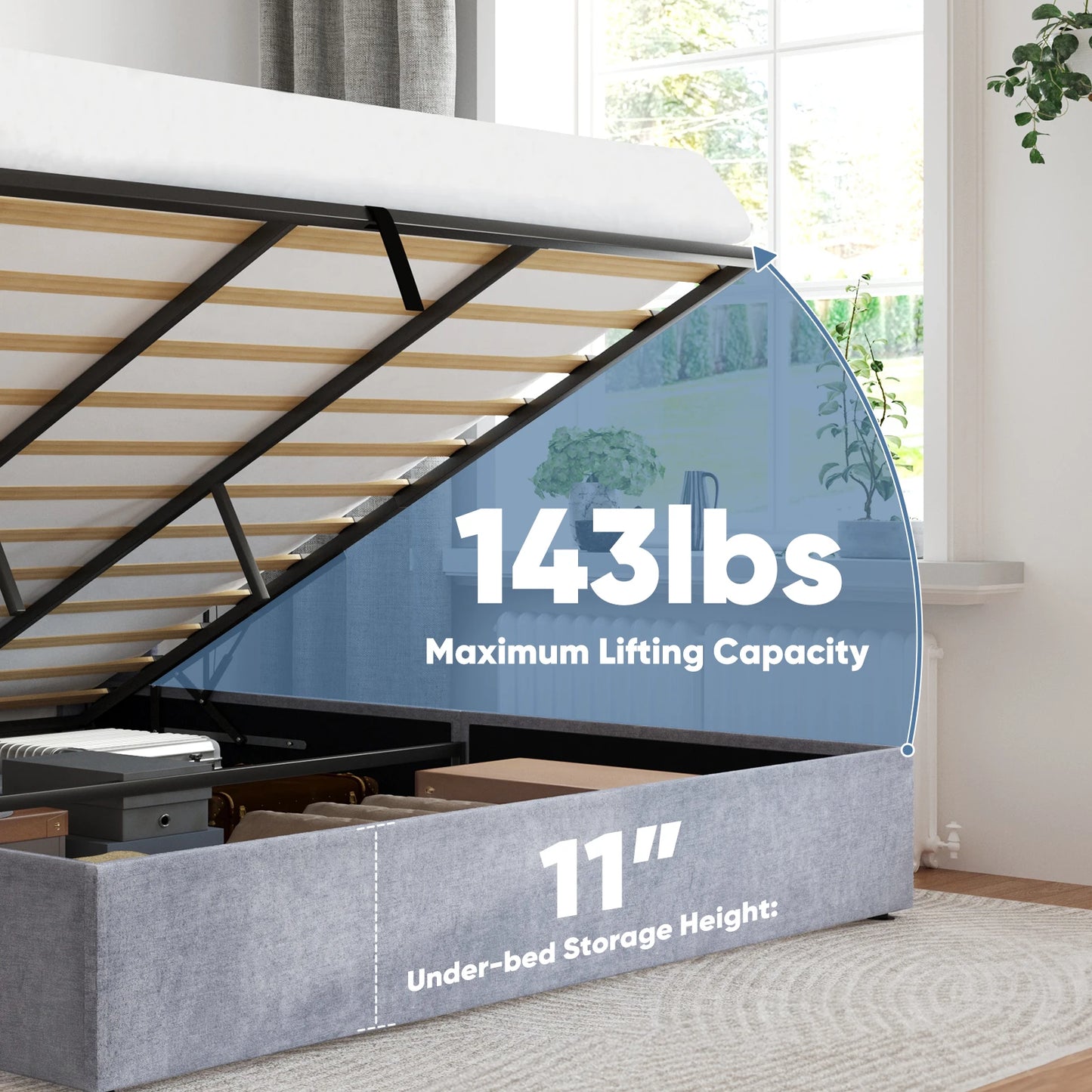 JHK Modern Wingback Platform Bed With Hydraulic Lift Storage