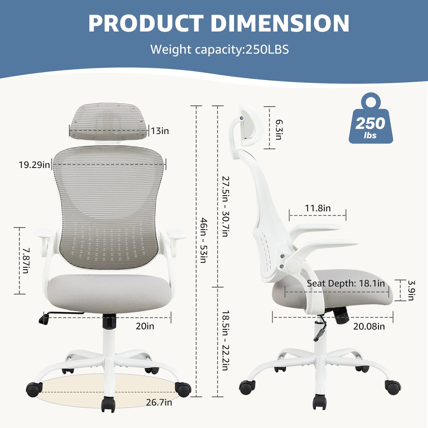 JHK Ergonomics Mesh Chair With Flip Up Arms And Lumbar