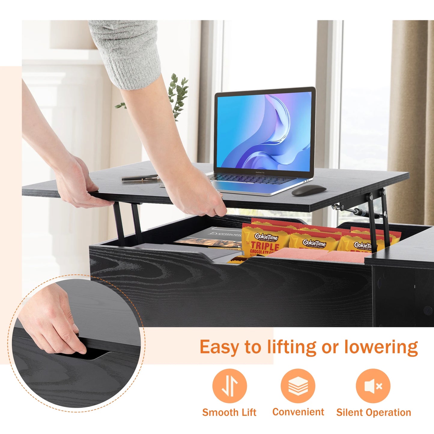 JHK Lift Top Coffee Table With Storage Shelf And Adjustable