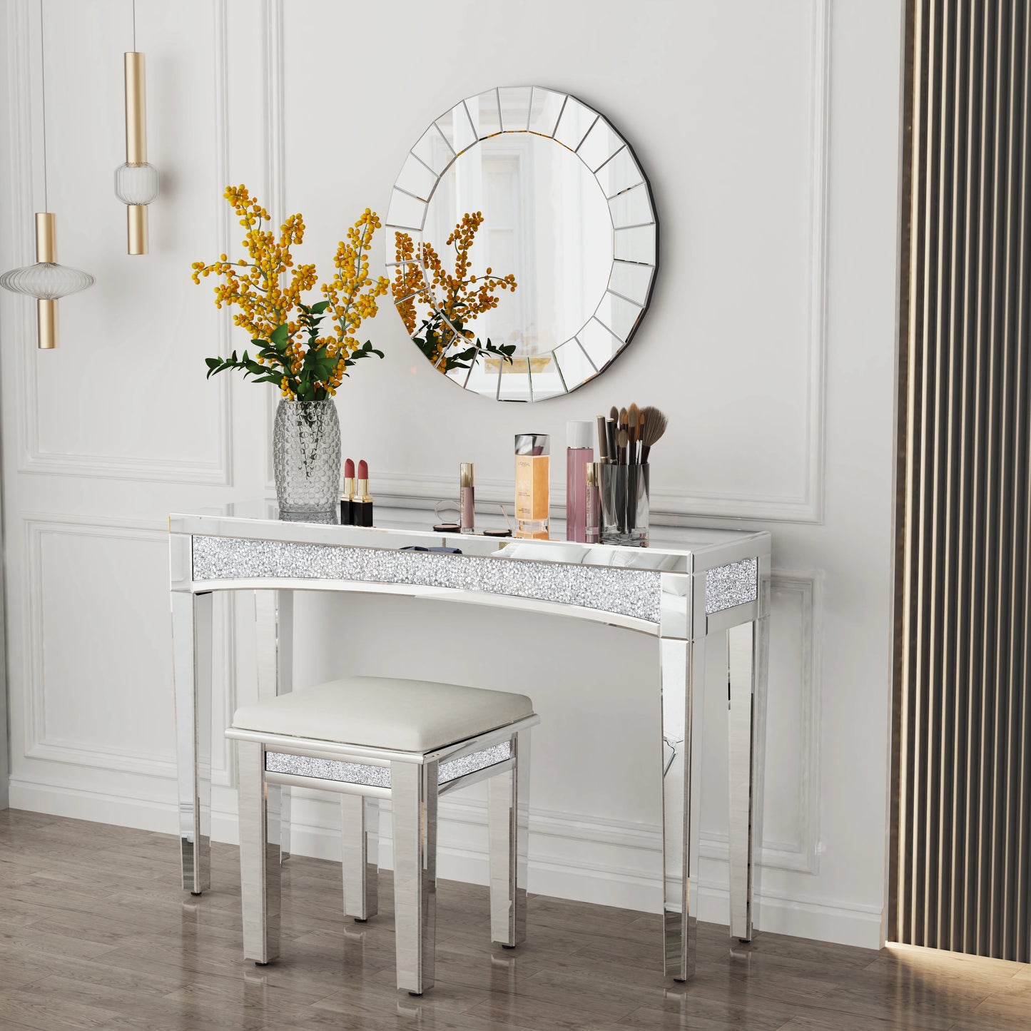 Mirrored Console Table With Crystal Inlay for Living Room