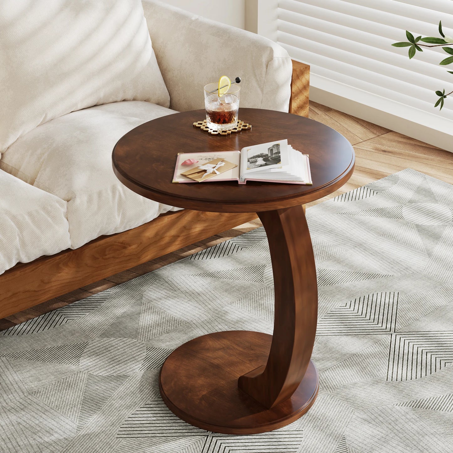 Tribesigns Round Wood C Shaped End Table Mid Century