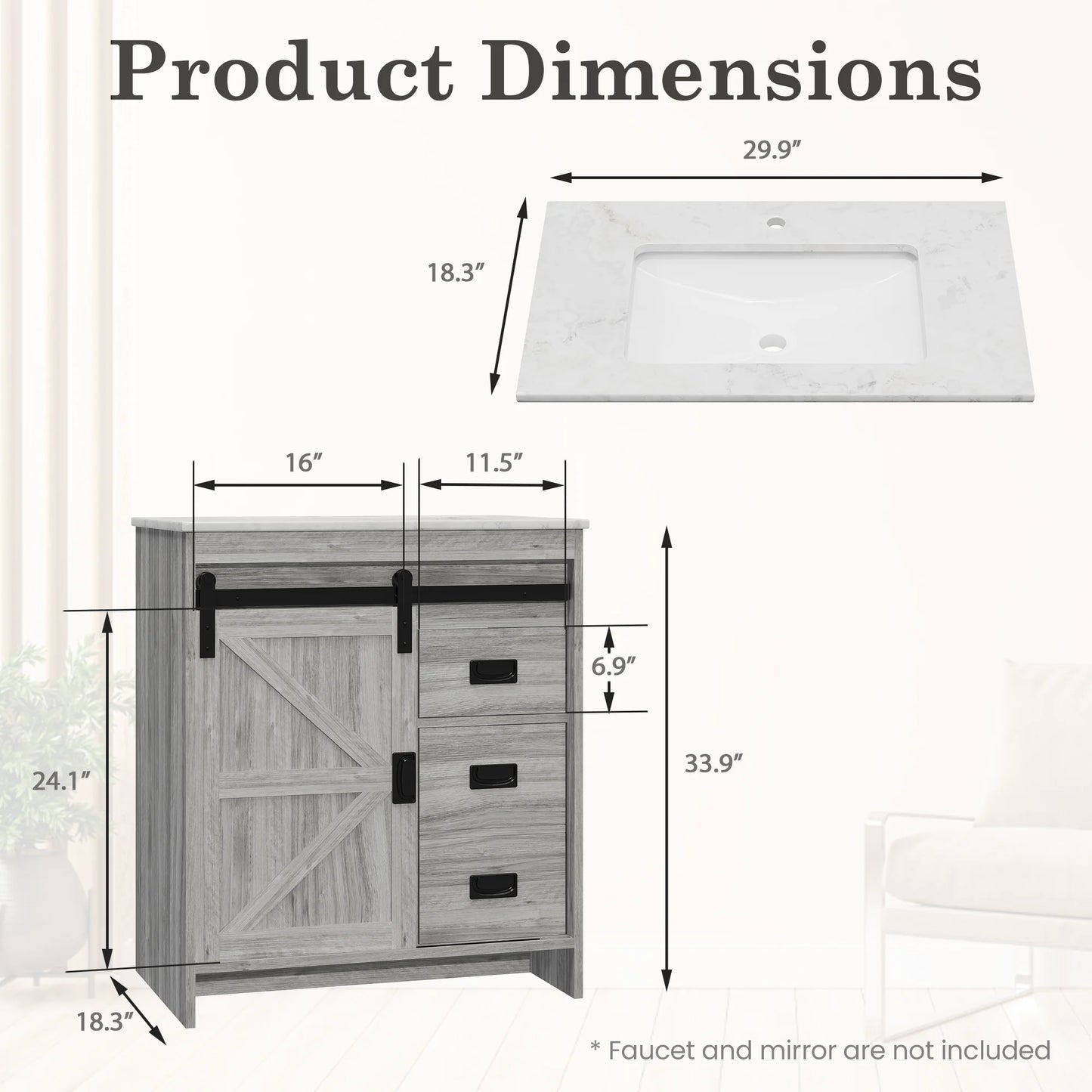 Gray Farmhouse Bathroom Vanity with Ceramic Top And Sliding Barn Door Design
