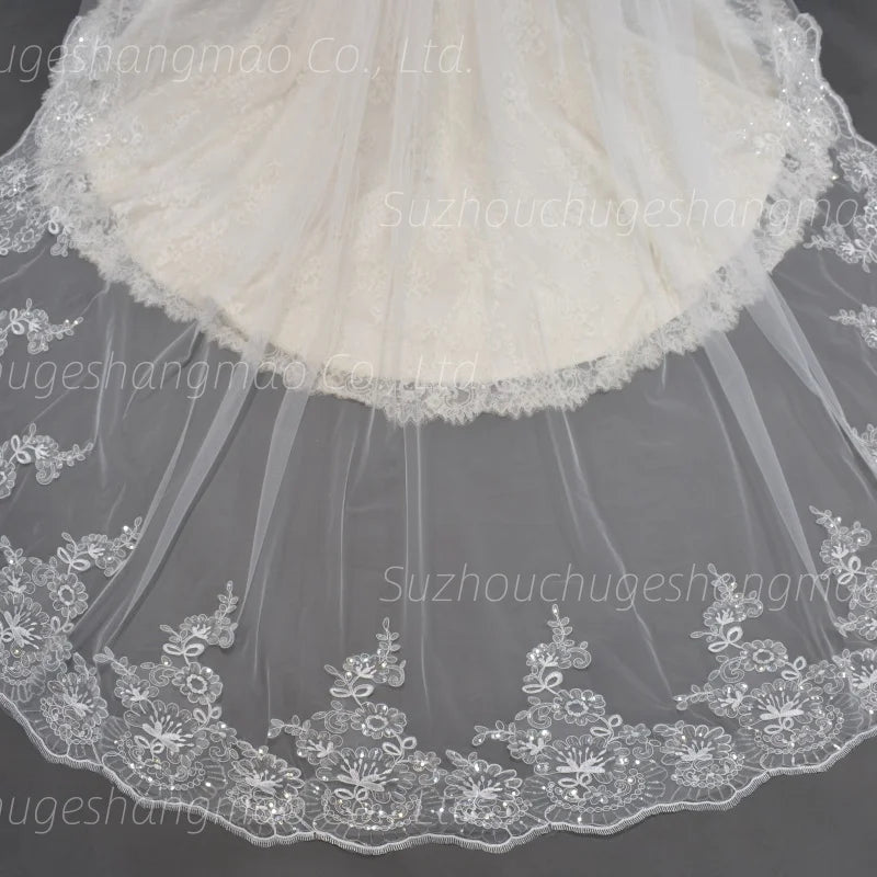 Luxury Cathedral Bridal Wedding Veil With Soft Lace Appliques Edge