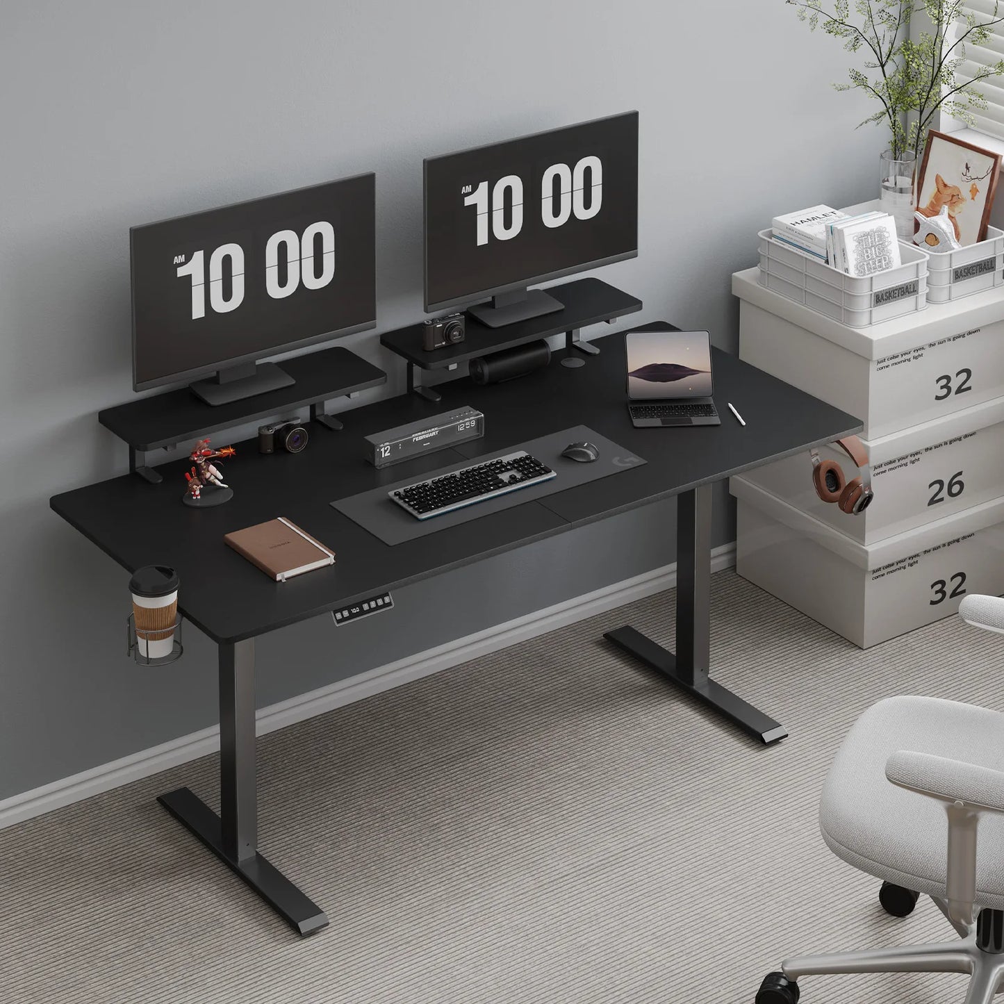 ONBRILL Standing Desk With Adjustable Monitor Shelves And Memory Controller