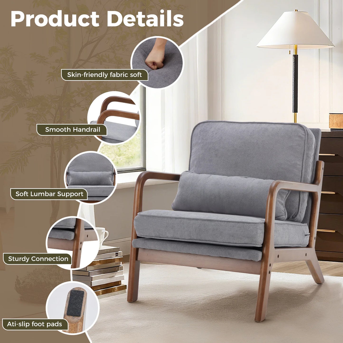 JHK Mid Century Modern Wooden Frame Armchair With Cushion