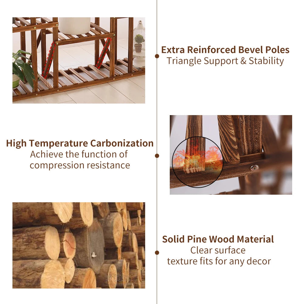 11 Tier Carbonized Wood Plant Stand For Indoor Outdoor Display