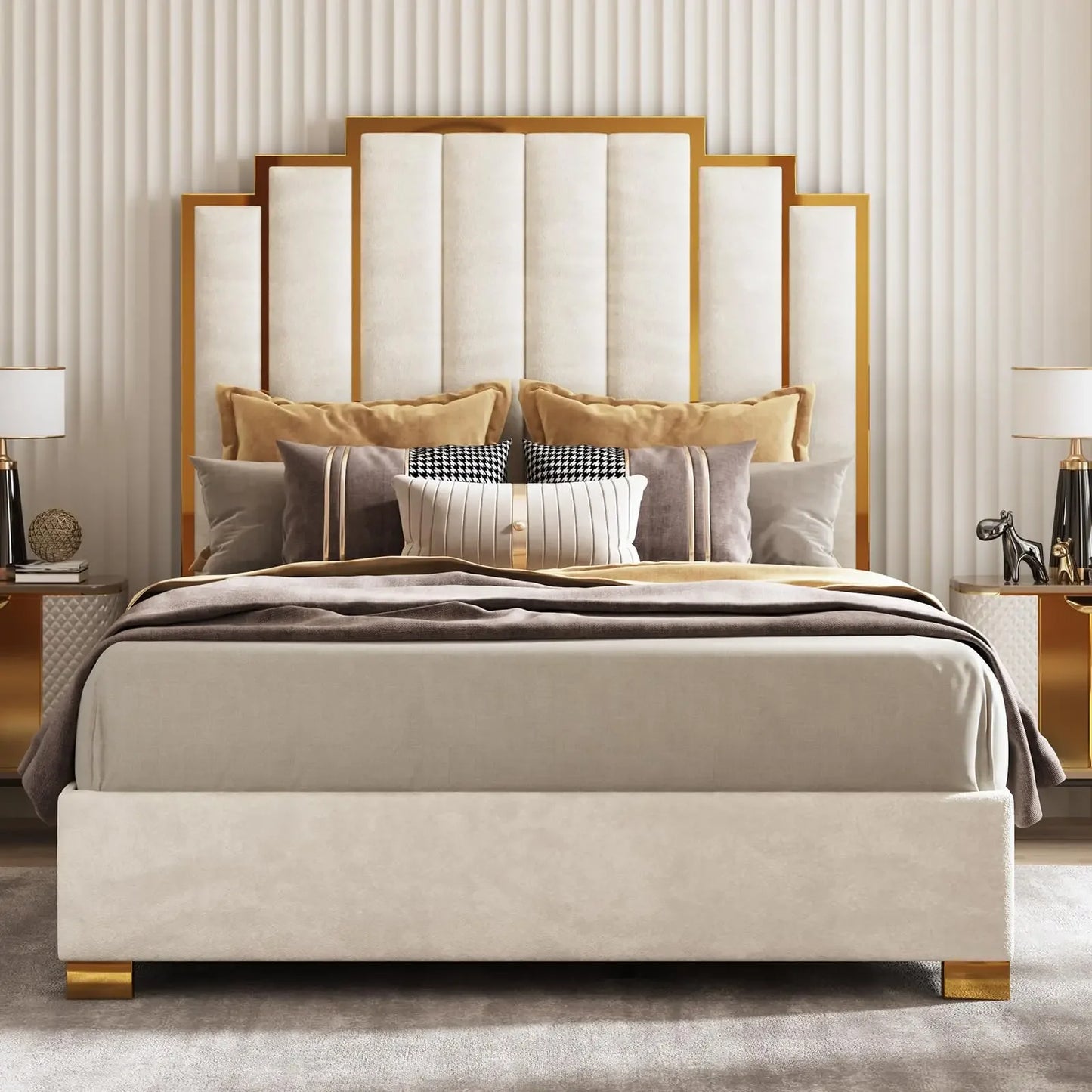 Amerlife Upholstered Bed With Gold Trim Headboard No Box Spring
