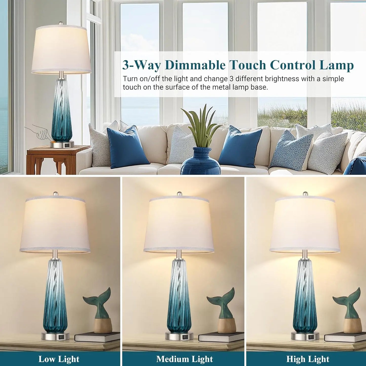 Touch Control Glass Table Lamps Set With Usb Charging Ports