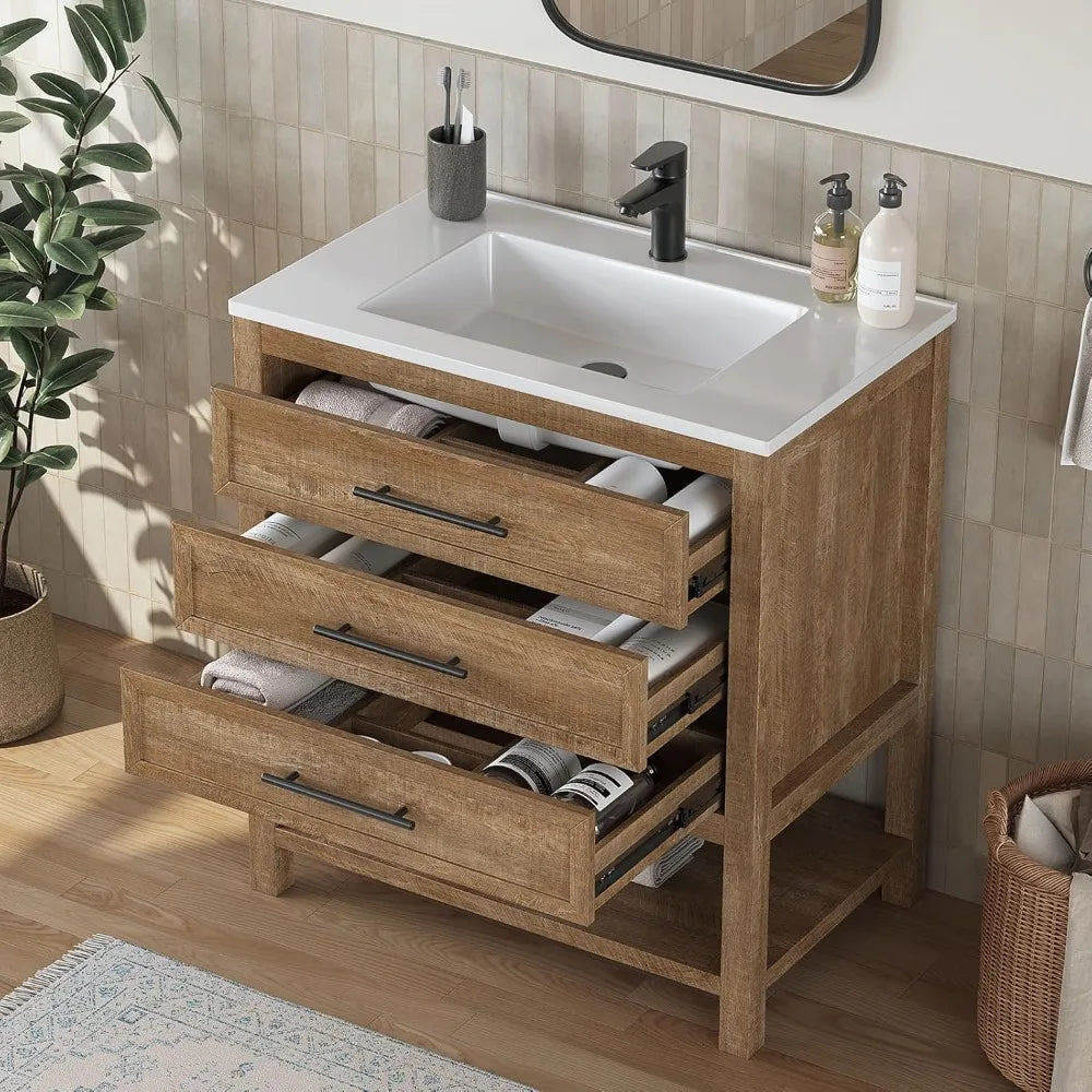 Farmhouse Bathroom Vanity With Sink Freestanding Cabinet Resin Countertop