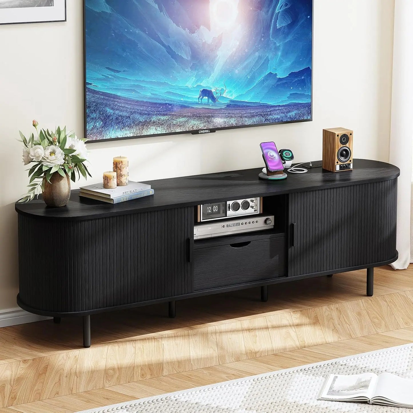 ONBRILL TV Stand With Power Outlet Storage And Drawer