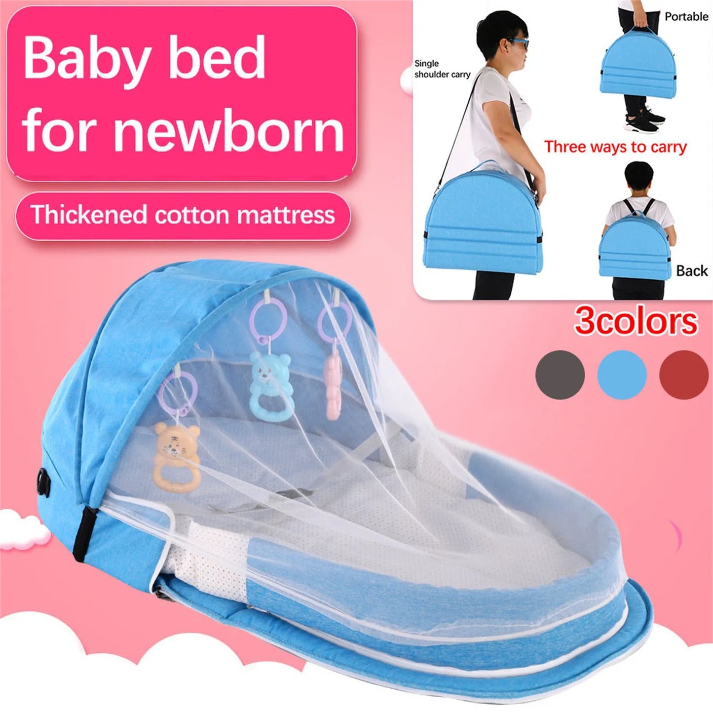 Portable Folding Baby Bed Crib With Net And Awning