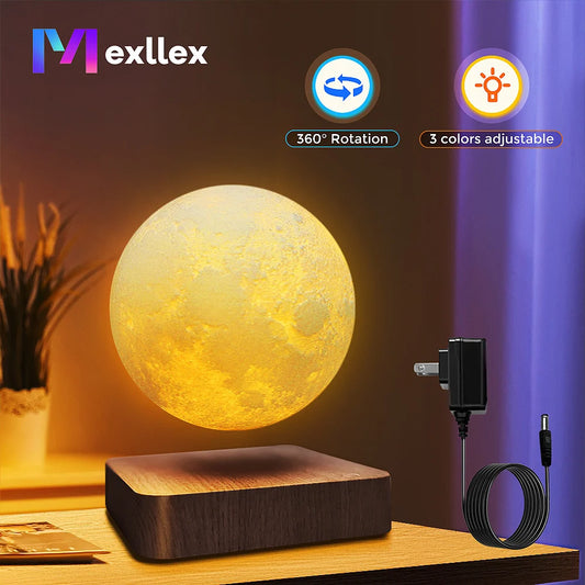 Mexllex Magnetic Floating Moon Lamp With Wooden Base, 3 Color Temperature LEDs