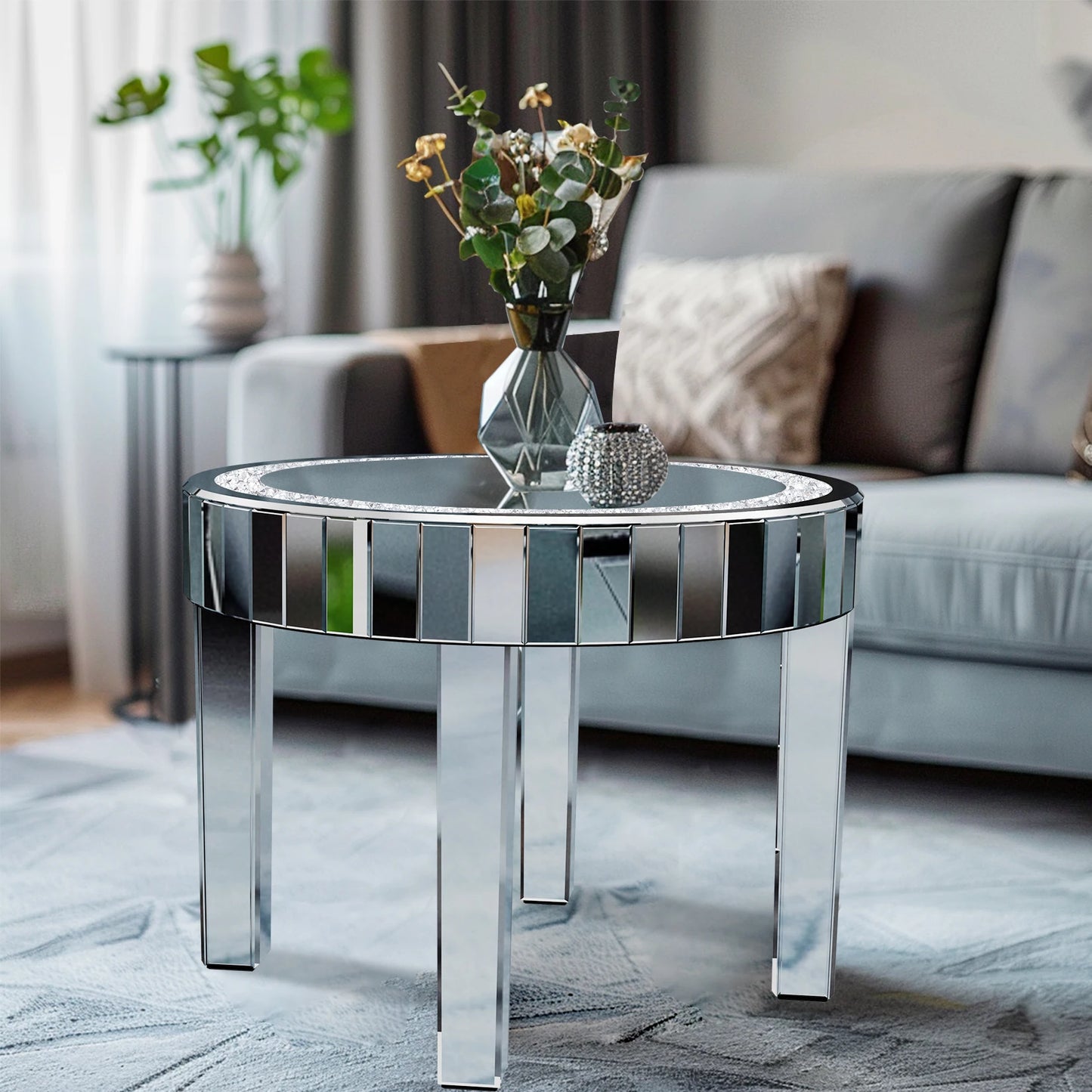 LUVODI Luxury Round Mirrored Bedside Table Diamond Inlay