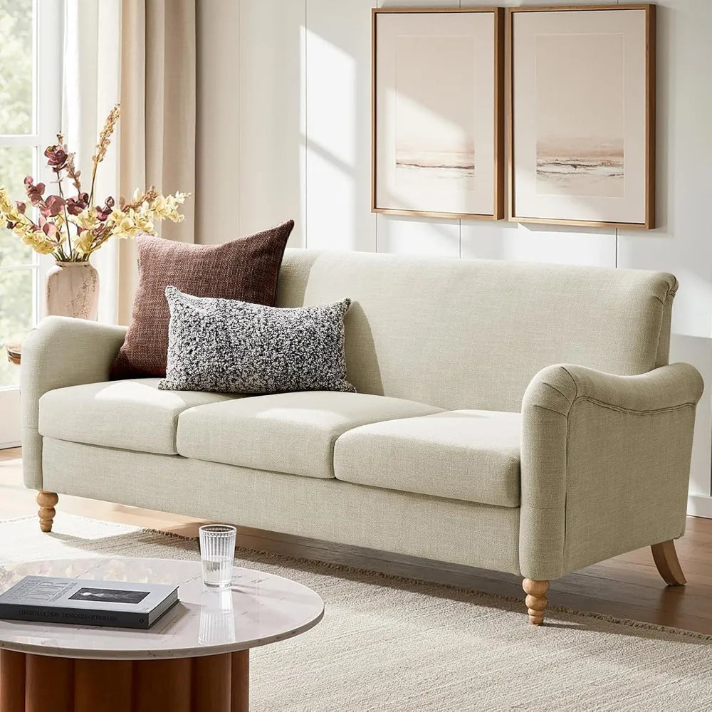 Curved Farmhouse Sofa With Solid Wood Spindle Legs Upholstered Linen