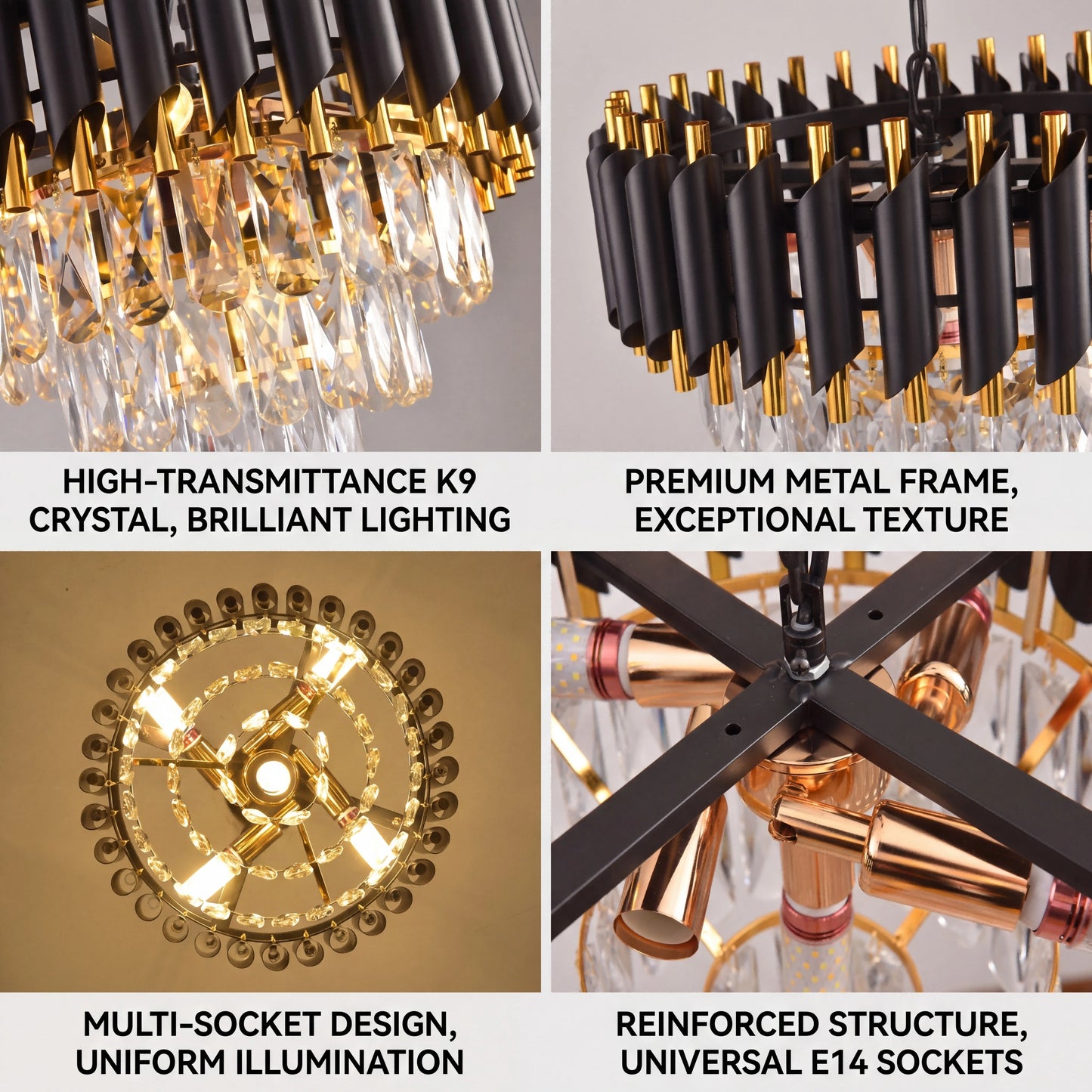 Polished Iron Crystal Chandelier With Adjustable Chain Ceiling Light