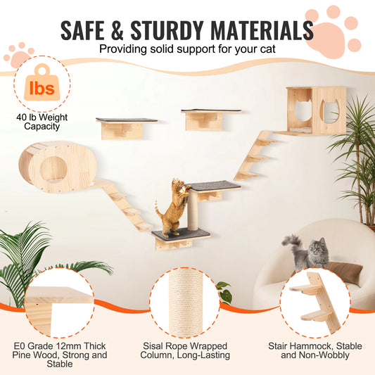 SucceBuy Wall Mounted Cat Shelves With Hammock And Wooden Perch