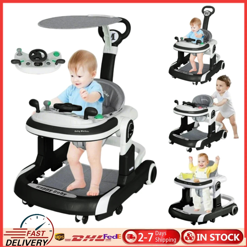 4 In 1 Baby Walker With Sunshade Removable Tray And Music Tray Foldable