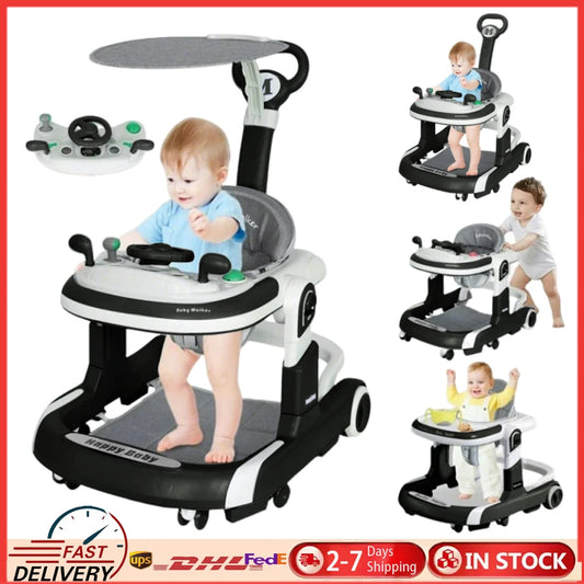 4 In 1 Baby Walker Sunshade Feeding Tray Music Tray Foldable