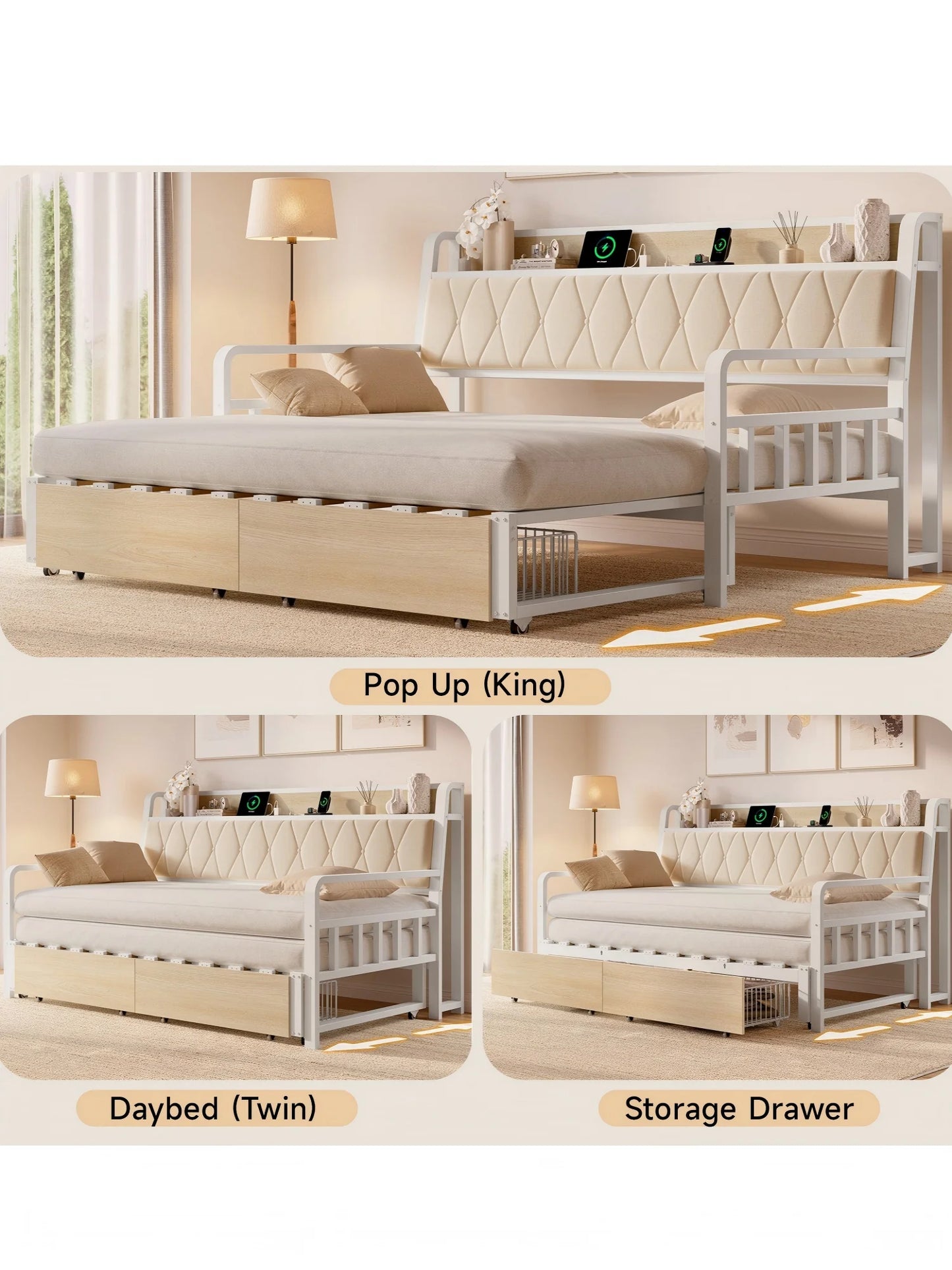ONBRILL Daybed With Trundle Storage Drawers Upholstered Headboard