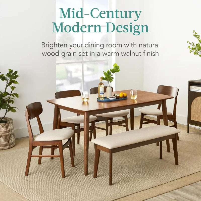 Mid Modern Wooden Dining Table With Upholstered Chairs Rubberwood Set