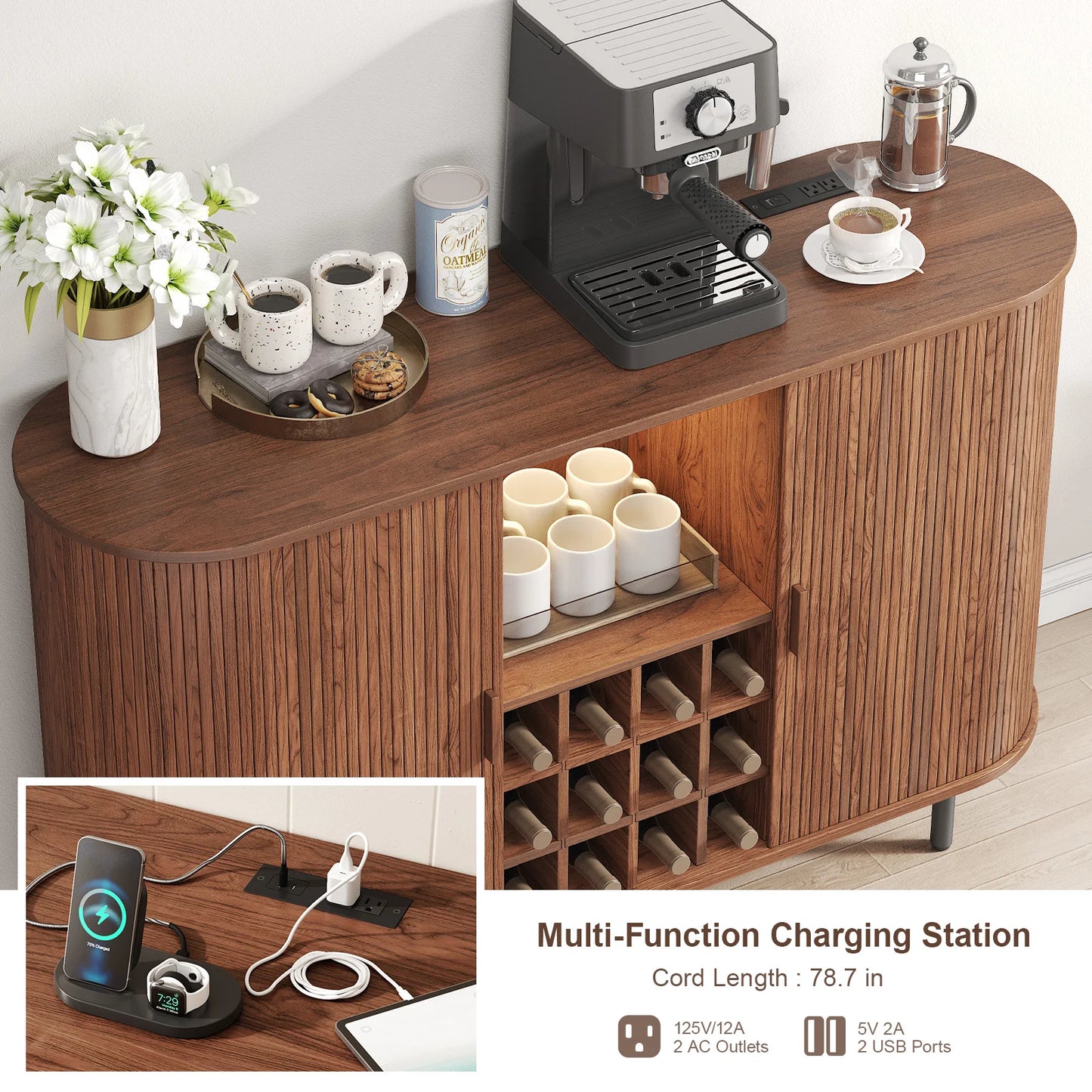 Wine Bar Cabinet With LED Lighting And Glass Holder