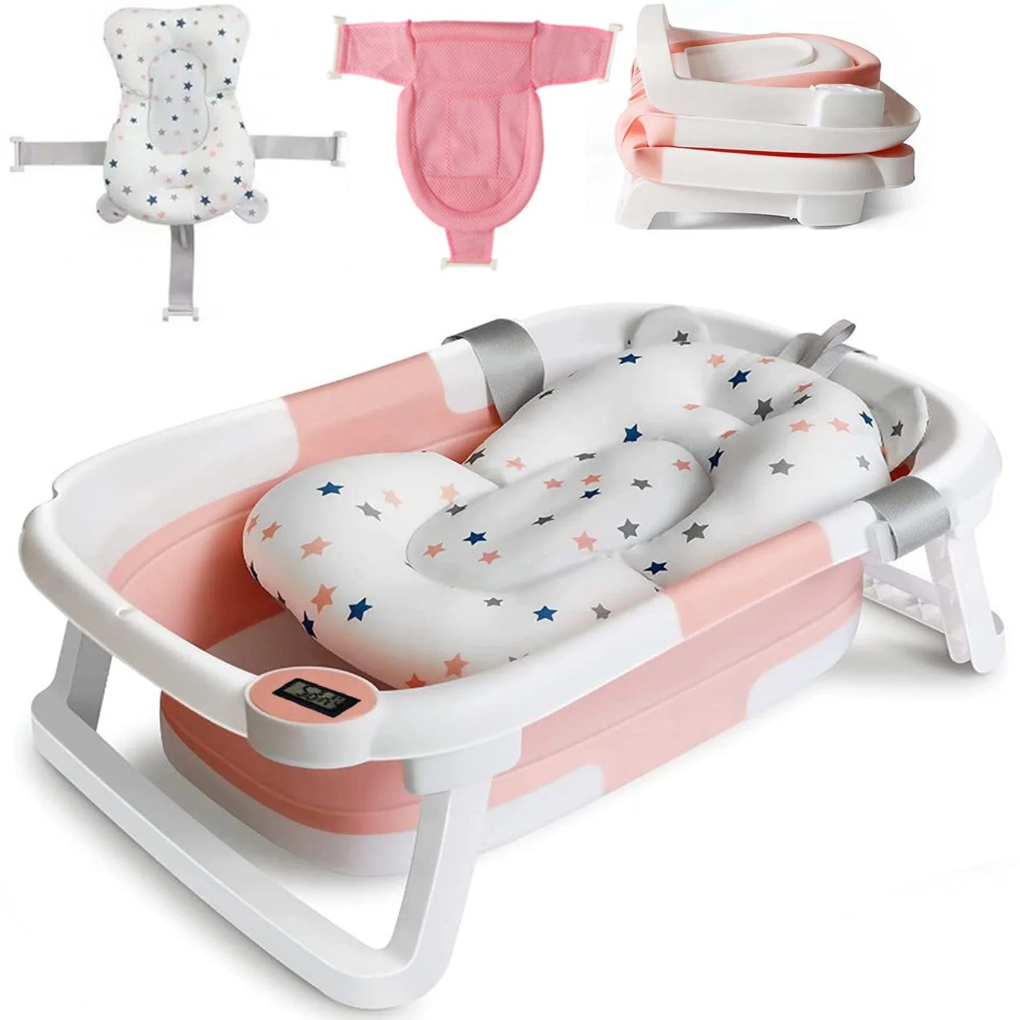 Baby Foldable Bath Tub With Thermometer Cushion Cap Brush